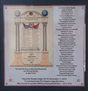 Our World War One Memorial Plaque, unveiled on the Duncan Masonic Temple on 11 November 2014