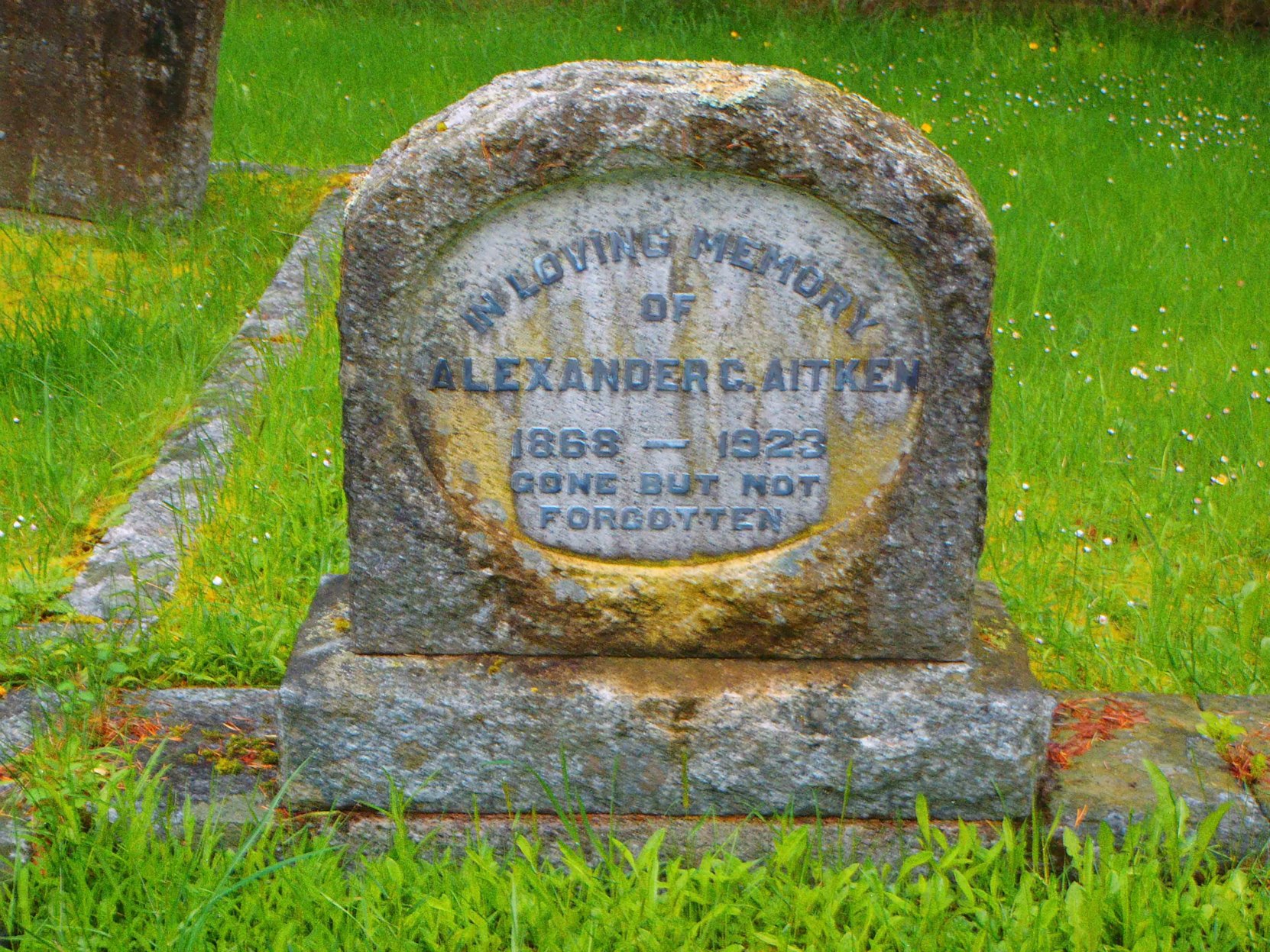 Alexander Chalmers Aitken grave stone, Pioneer Cemetery, North Cowichan