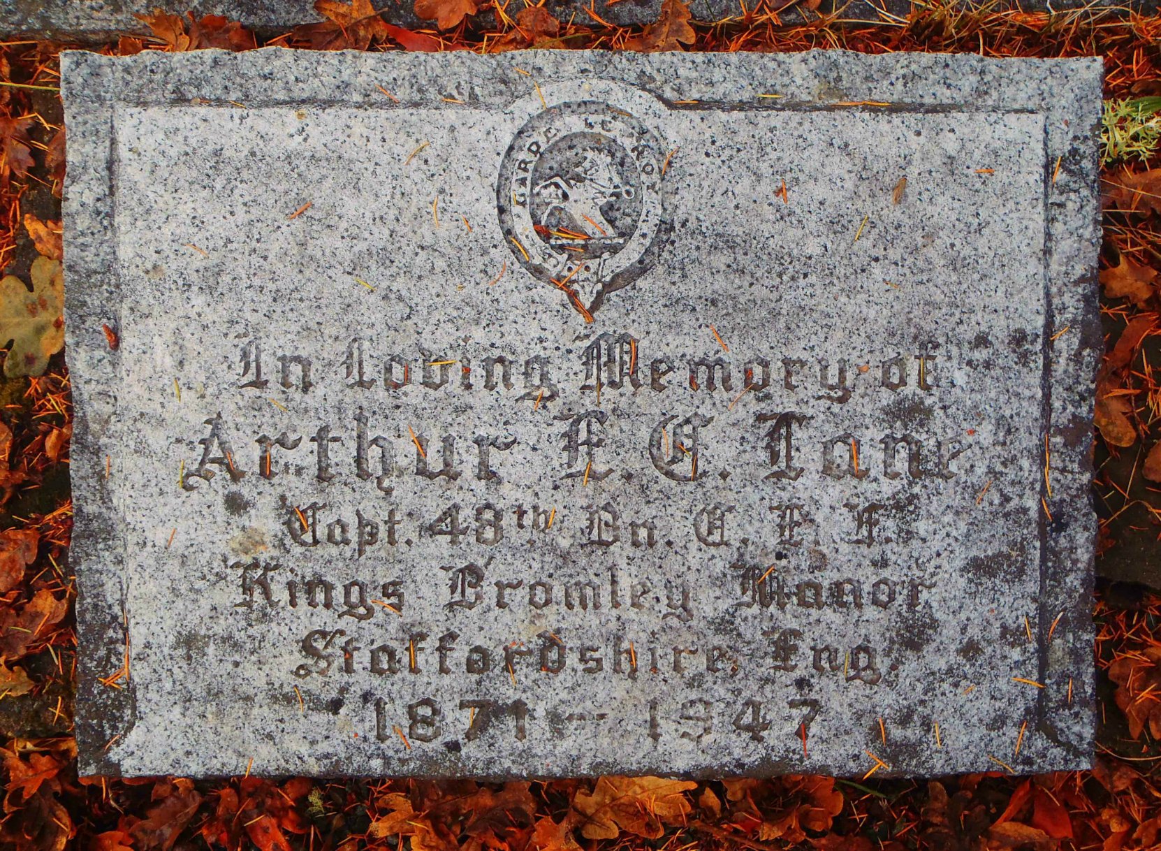 Arthur Edward Cecil Lane grave marker, St. Peter's Quamichan Anglican cemetery, North Cowichan.