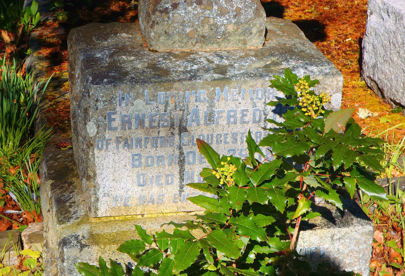 Ernest Alfred Price grave marker inscription, St. Peter's Quamichan Anglican cemetery, North Cowichan.