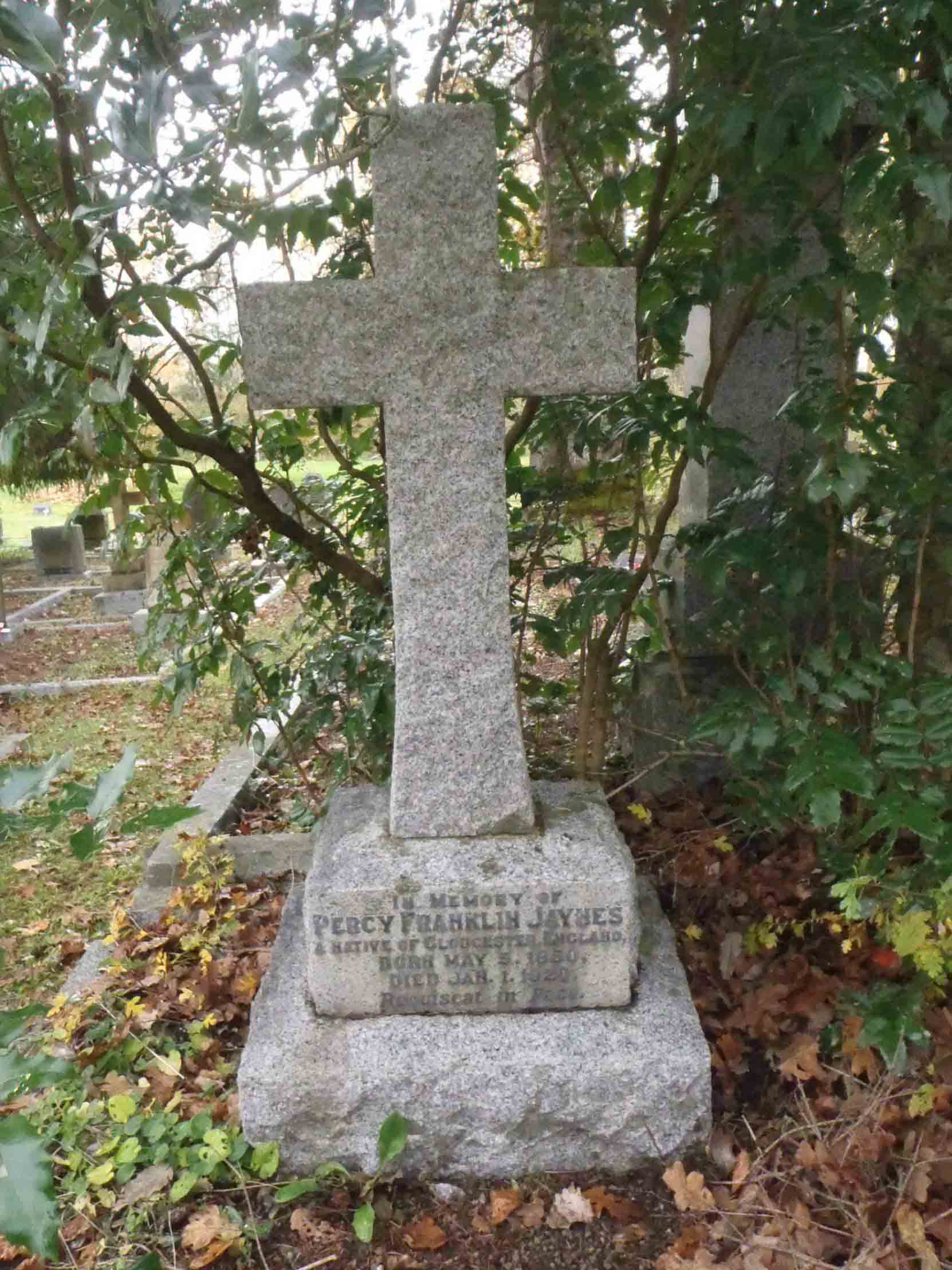 Percy Franklin Jaynes grave marker, St. Peter's Quamichan Anglican cemetery. North Cowichan