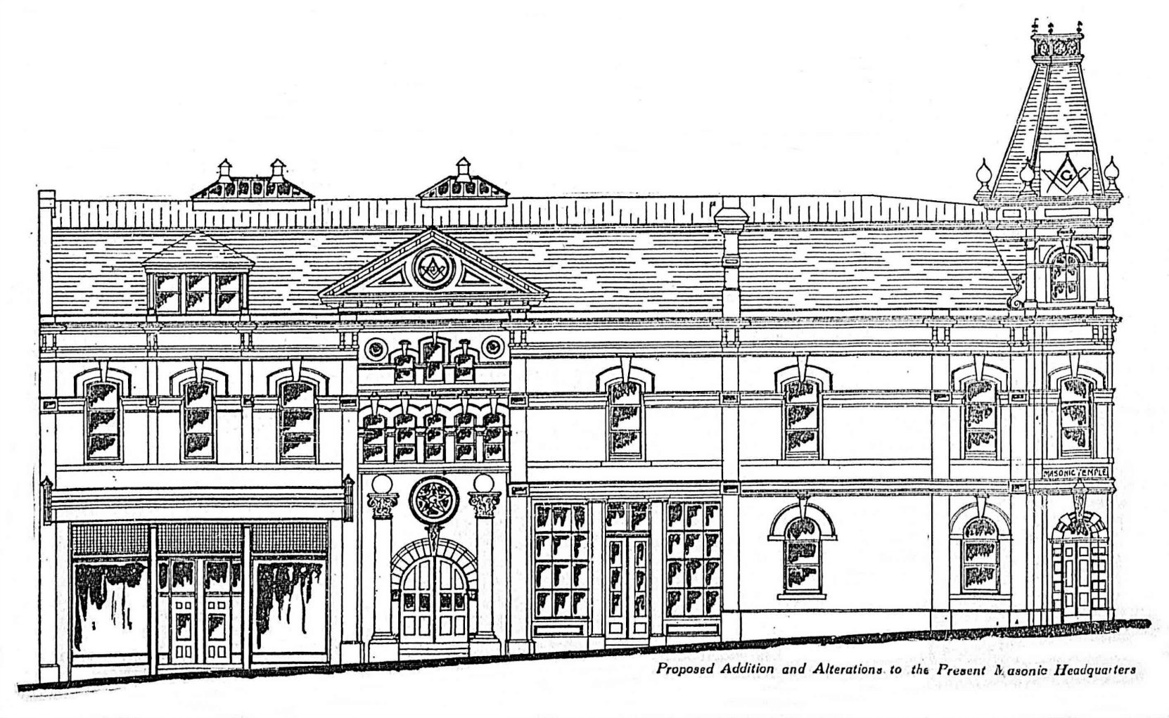 1909 architects' drawing of the 1909 additions and alterations to the Victoria Masonic Temple at 650 Fisgard Street.