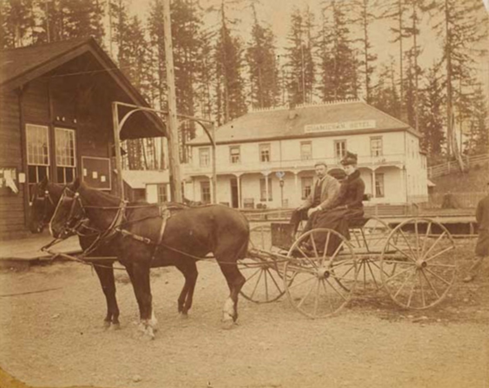 Percy Franklin Jaynes, circa 1900, with his niece Flo Jaynes, who married James Henry Whittome. The building in the left foreground is the first E&N Railway Station (photo courtesy of Keith Price)