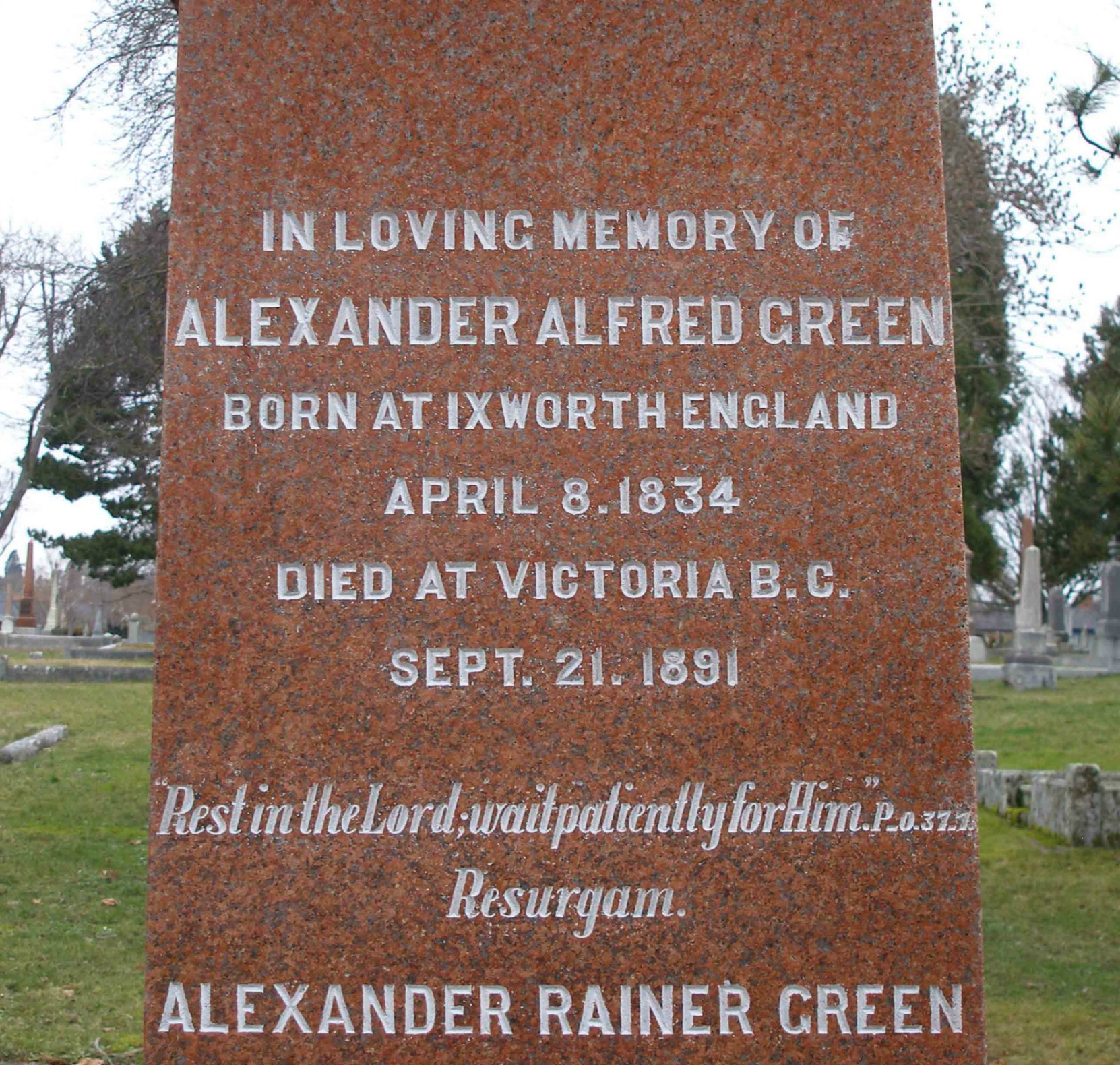 Inscription on Alexander Alfred Green grave stone, Ross Bay Cemetery, Victoria, B.C.