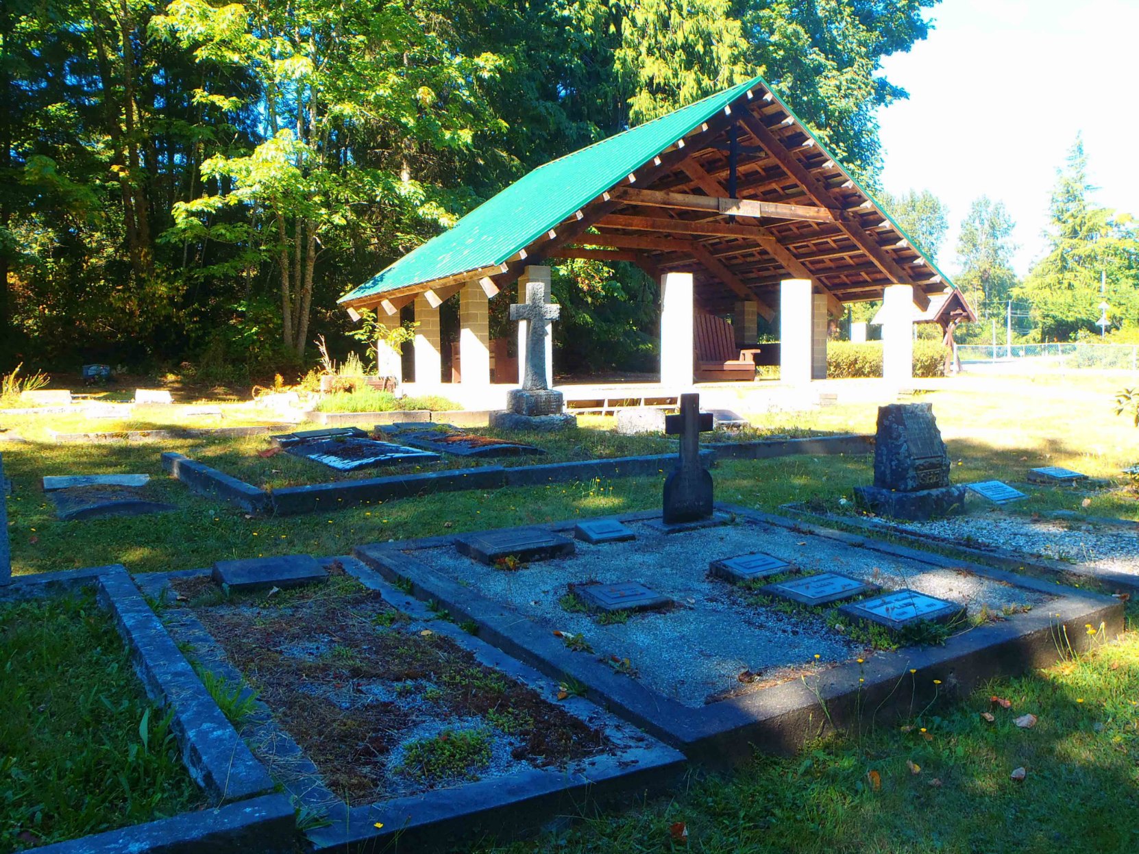 This shelter now stands on the site of the former Anglican church at All Saints Anglican Cemetery, Westholme, B.C.