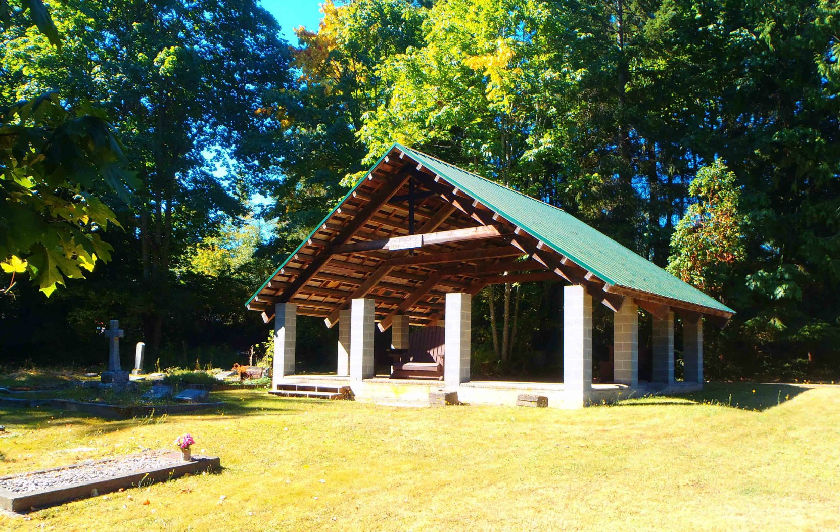 This shelter now stands on the site of the former Anglican church at All Saints Anglican Cemetery, Westholme, B.C.