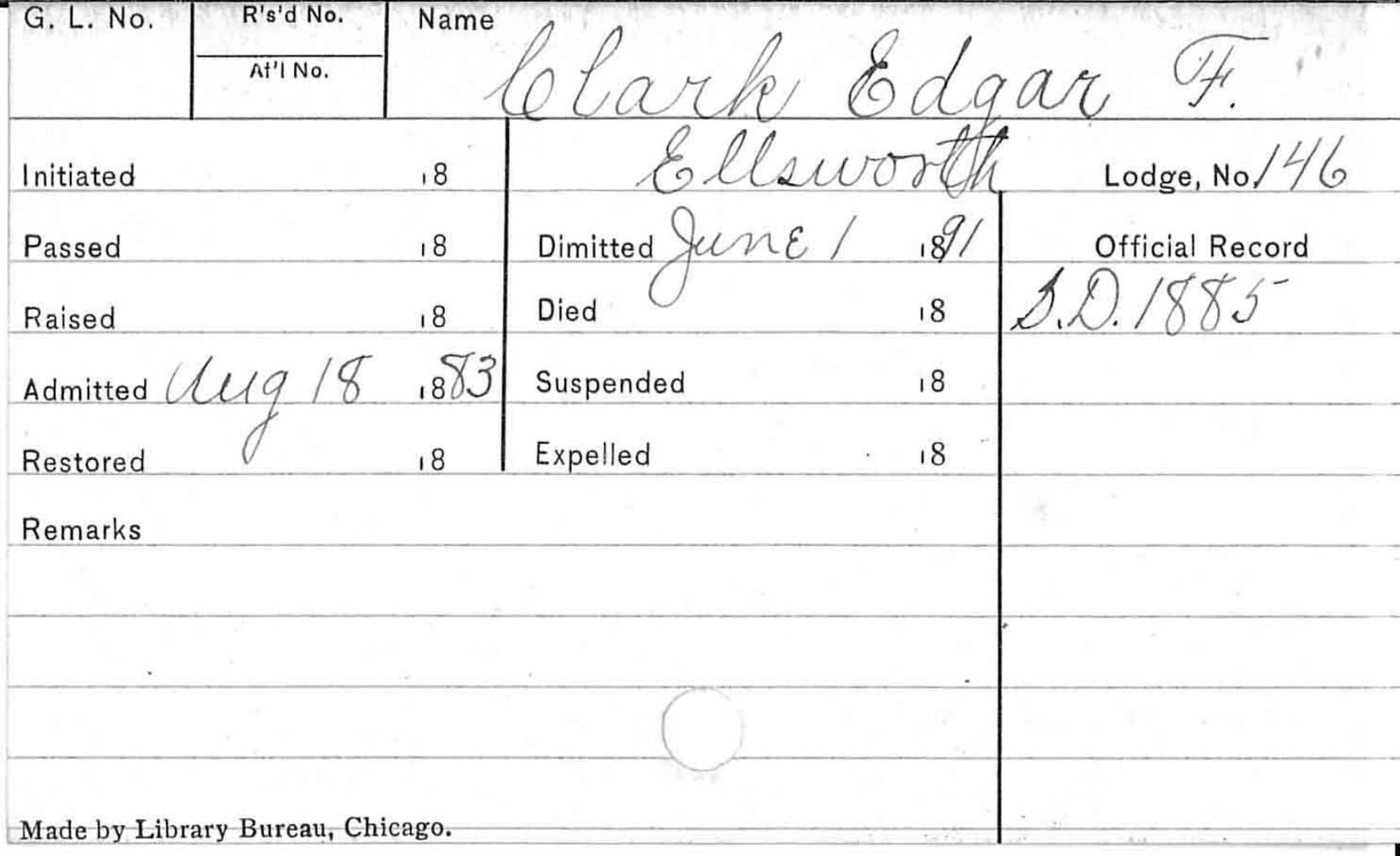 Edgar F. Clark's membership record from the Grand Lodge of Kansas (