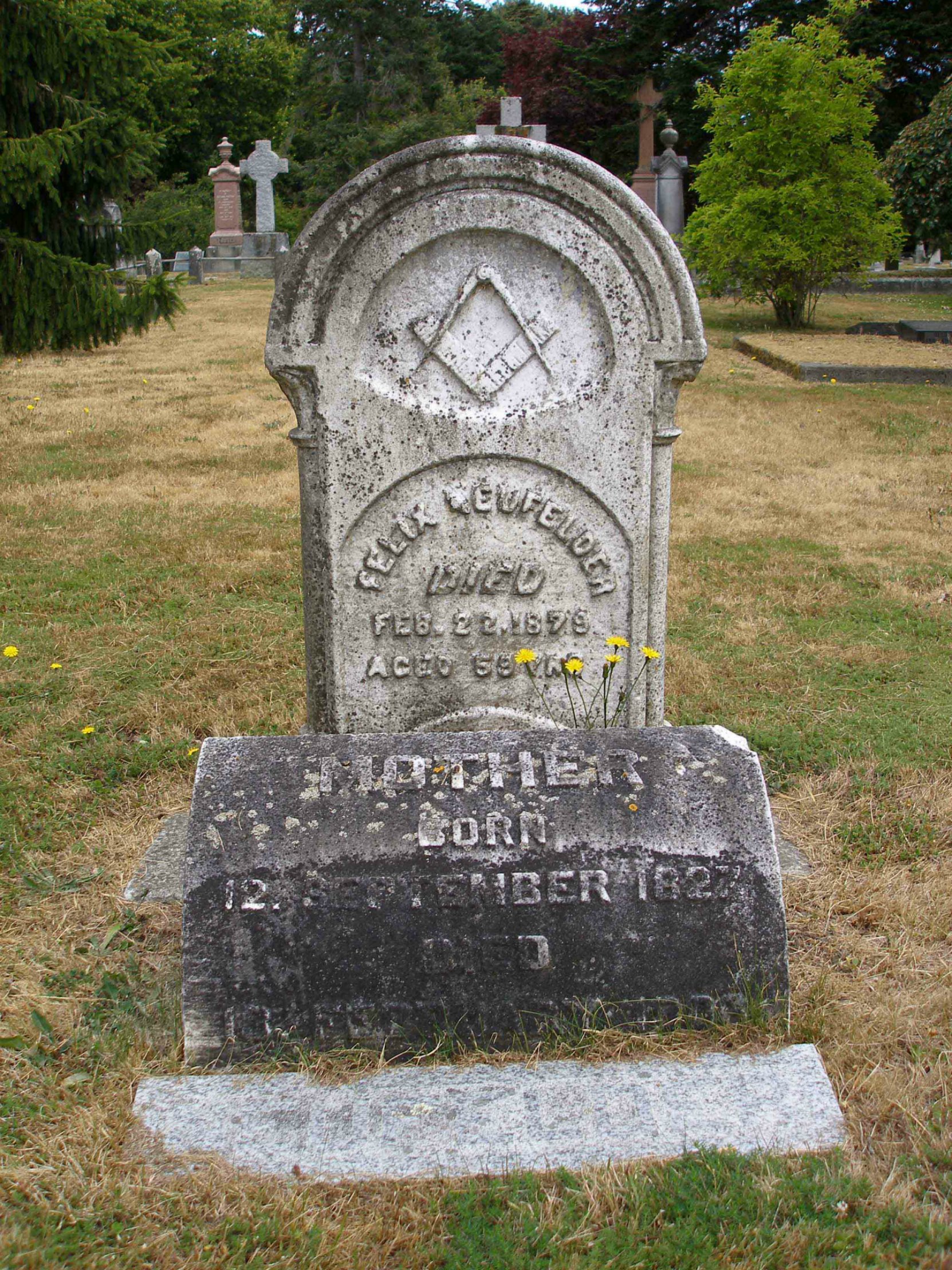 Felix Neufelder grave, Ross Bay Cemetery, Victoria, B.C. Felix Neufelder (died 1879, aged 59) was a member of Vancouver & Quadra Lodge, No.2 in Victoria, B.C.