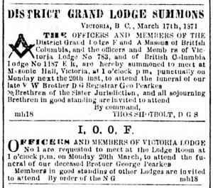 George Pearkes death and funeral notices in the Victoria newspapers, March 1871