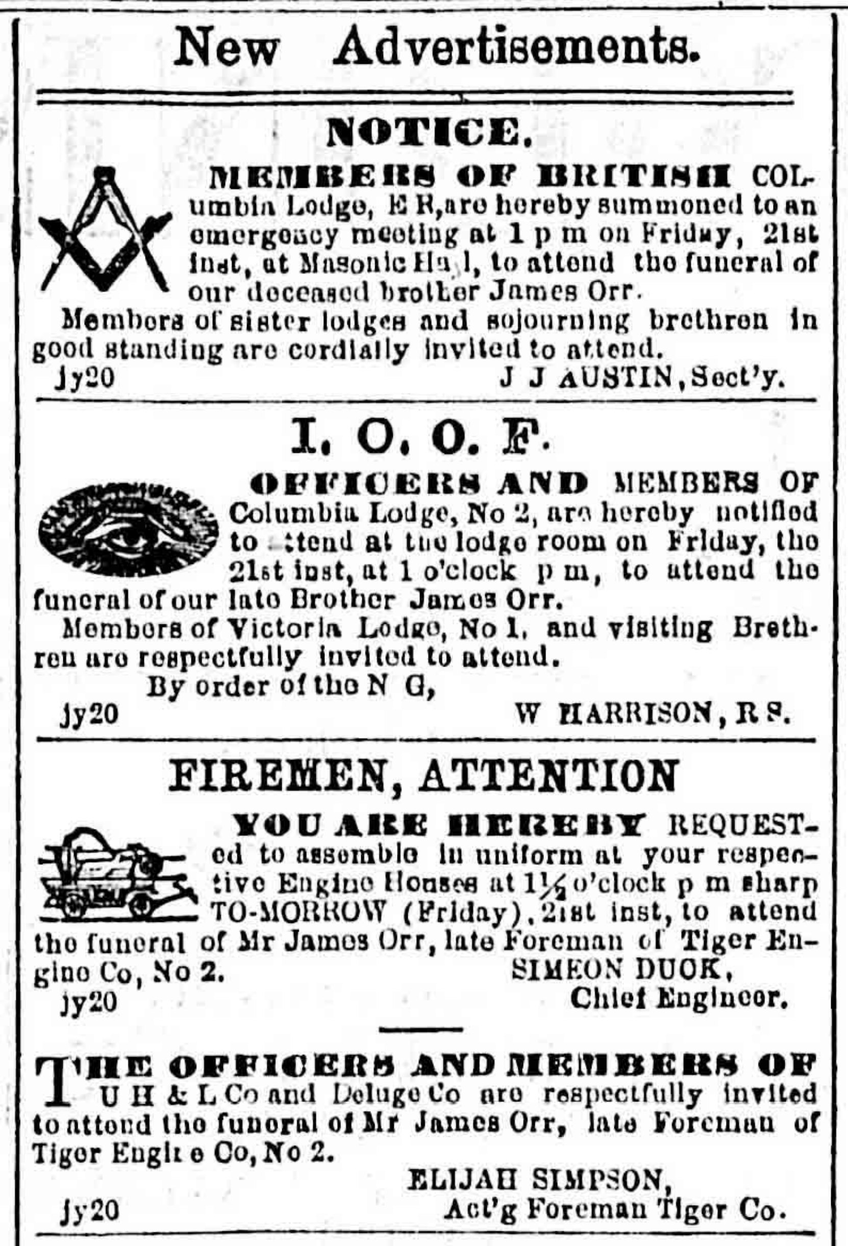 James Orr death and funeral notices in the Victoria newspapers, July 1871