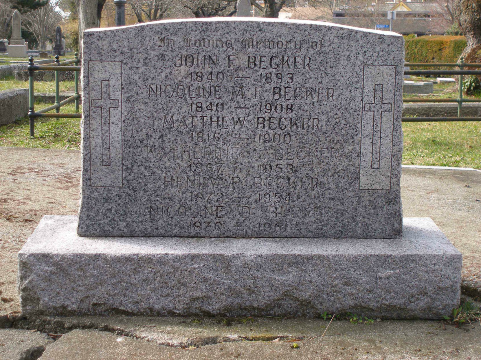 John Frederick Becker grave inscription, Ross Bay Cemetery, Victoria, B.C.