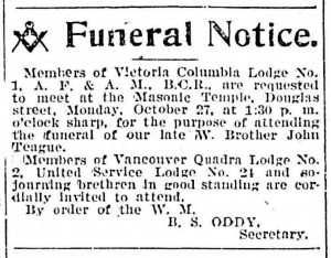 John Teague funeral notice in the Victoria newspapers, 1902.