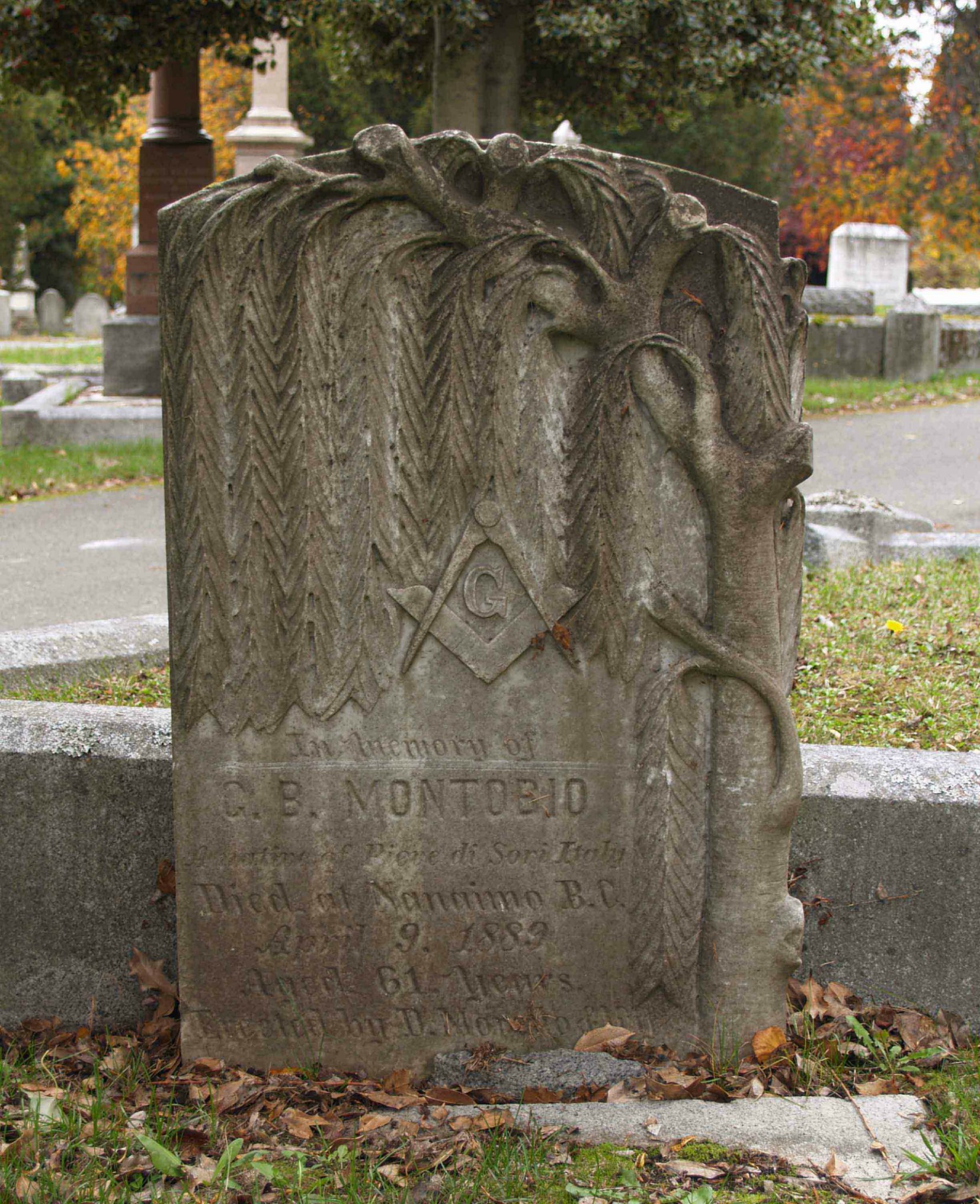 The grave stone of George B. Montobio (died 1889, aged 61) in Ross Bay Cemetery. This grave stone features the Square & Compasses and an Acacia tree. It is one of the pieces of Masonic grave monument art in Ross Bay Cemetery.