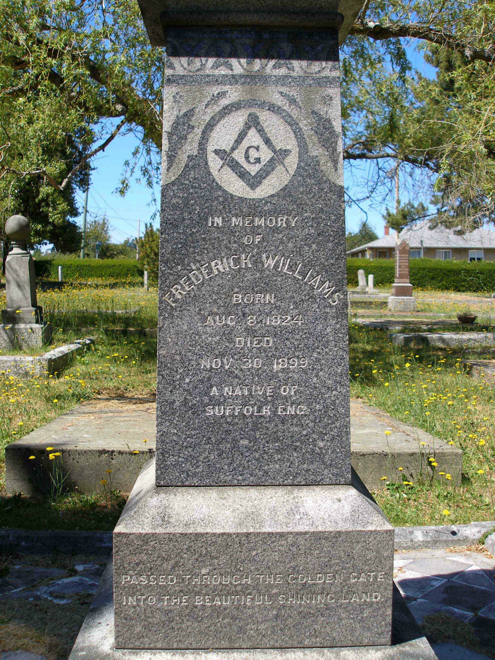 The inscription on the grave of Frederick Williams, Past Grand Master, in Ross Bay Cemetery, Victoria, B.C.