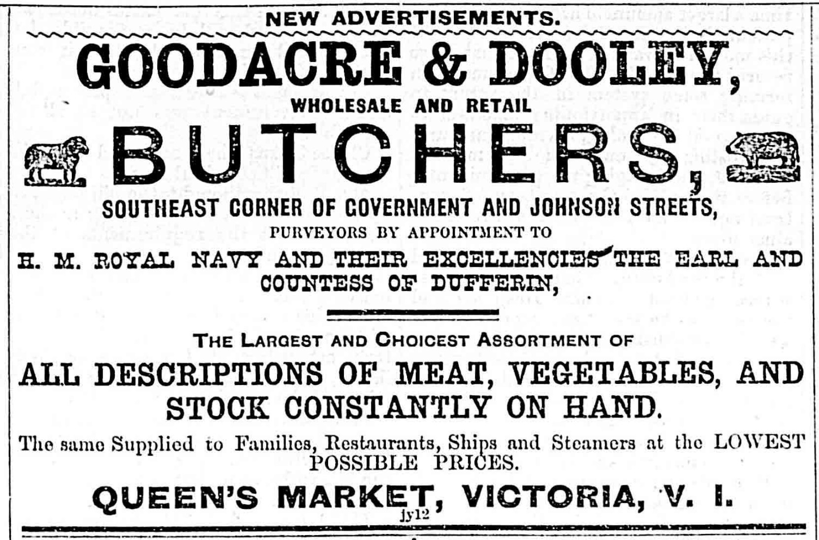 1879 advertisement for Goodacre & Dooley Butchers, located where 1327-1327 Government Street stands now.