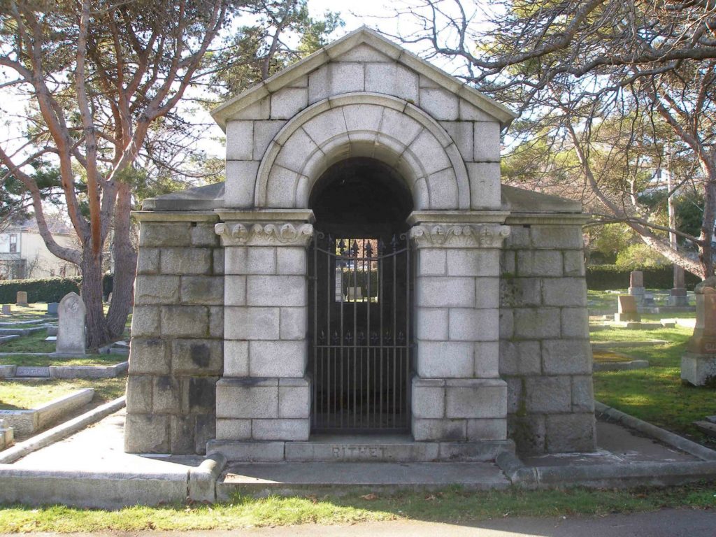 Robert Paterson Rithet is interred in the Rithet family mausoleum, Ross Bay Cemetery, Victoria, B.C.