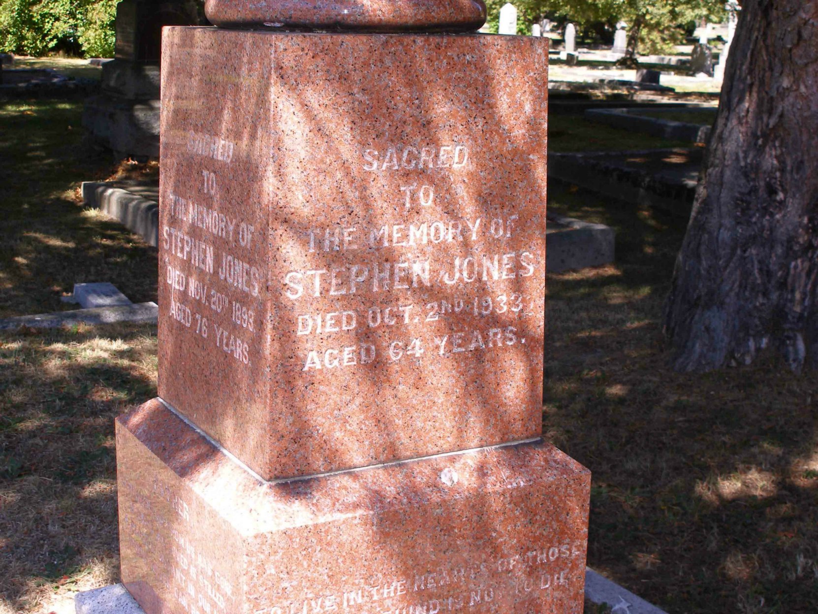 Inscription on Stephen Jones grave, Ross Bay Cemetery, Victoria, B.C.