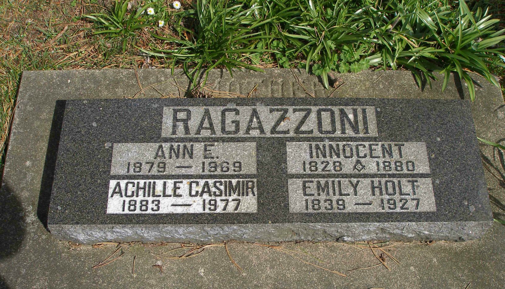 Headstone on Innocent Ragazzoni grave, Ross Bay Cemetery, Victoria, B.C. Note the Square & Compasses under Innocent Ragazzoni's name.