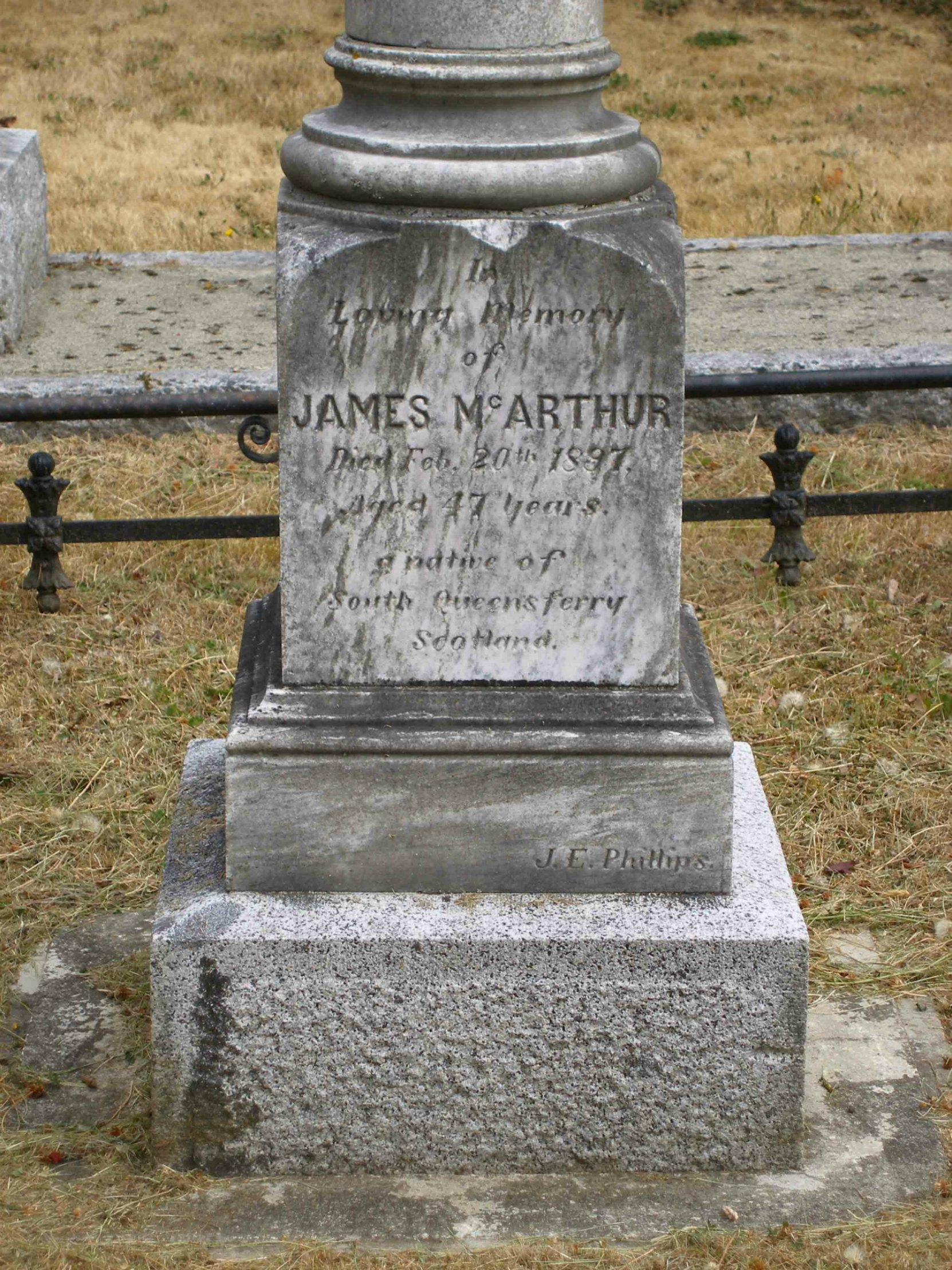 Inscription on James McArthur grave, Ross Bay Cemetery, Victoria, B.C.