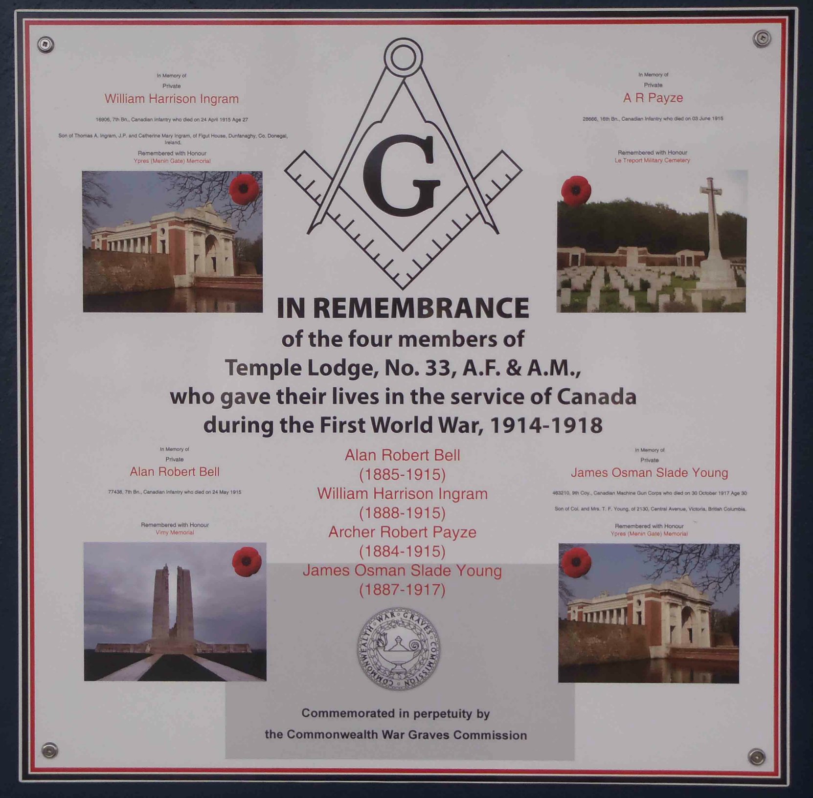 Plaque at the Duncan Masonic Temple entrance commenmorating the four Brethren of Temple Lodge No. 33 who died in Canada's military service during the First World War. The plaque was unveiled 11 November 2013.