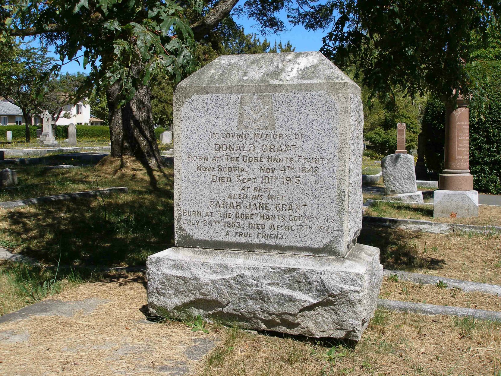 The grave of Donald Grant and Sarah Jane Grant, Ross Bay Cemetery, Victoria, B.C.