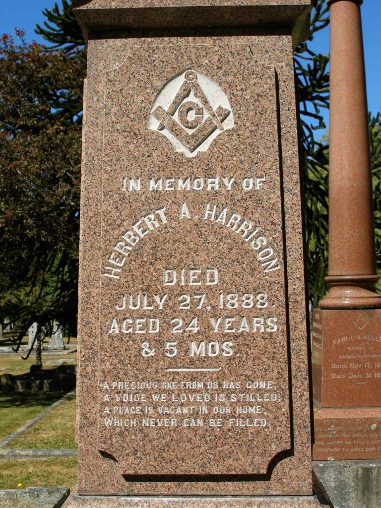 Inscription on Herbert A. Harrison grave, Ross Bay Cemetery, Victoria, B.C.
