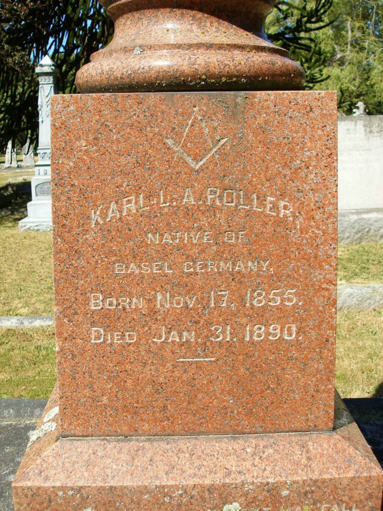 Karl Louis A. Roller grave incription, Ross Bay Cemetery, Victoria, B.C.