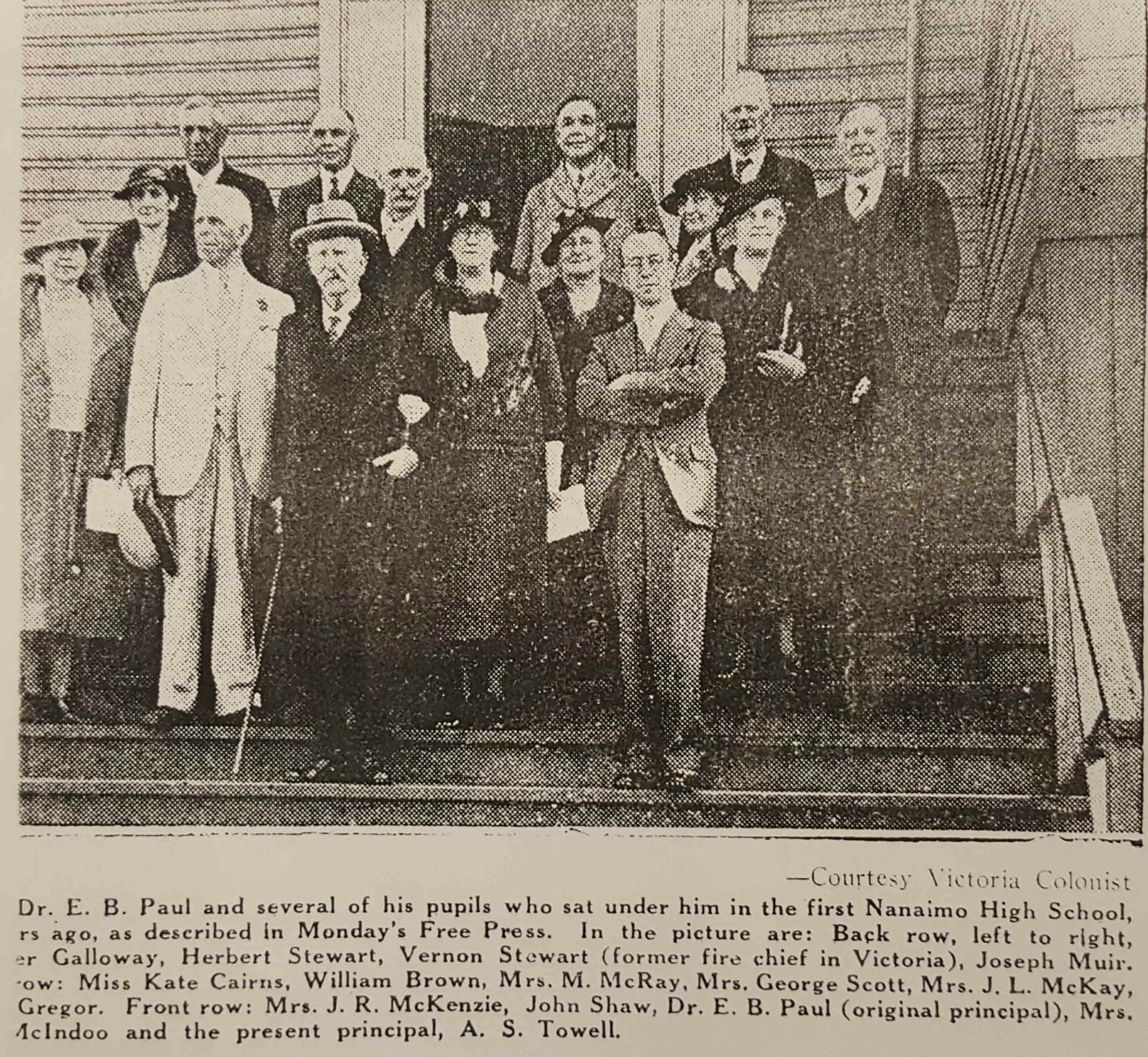 Victoria Daily Colonist photo of Edward Burness Paul meeting with some of his former students in Nanaimo, circa 1928. Other Freemasons in this photo are John Shaw (Past Master of Ashlar Lodge, No. 3, Past Grand Master and former Mayor of Nanaimo) and Vernon Stewart (former fire chief of Victoria).
