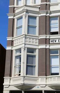 Bay wndows on the New England Hotel, 1312-1314 Government Street, Victoria, B.C. Designed and Built in 1892 by architect John Teague.