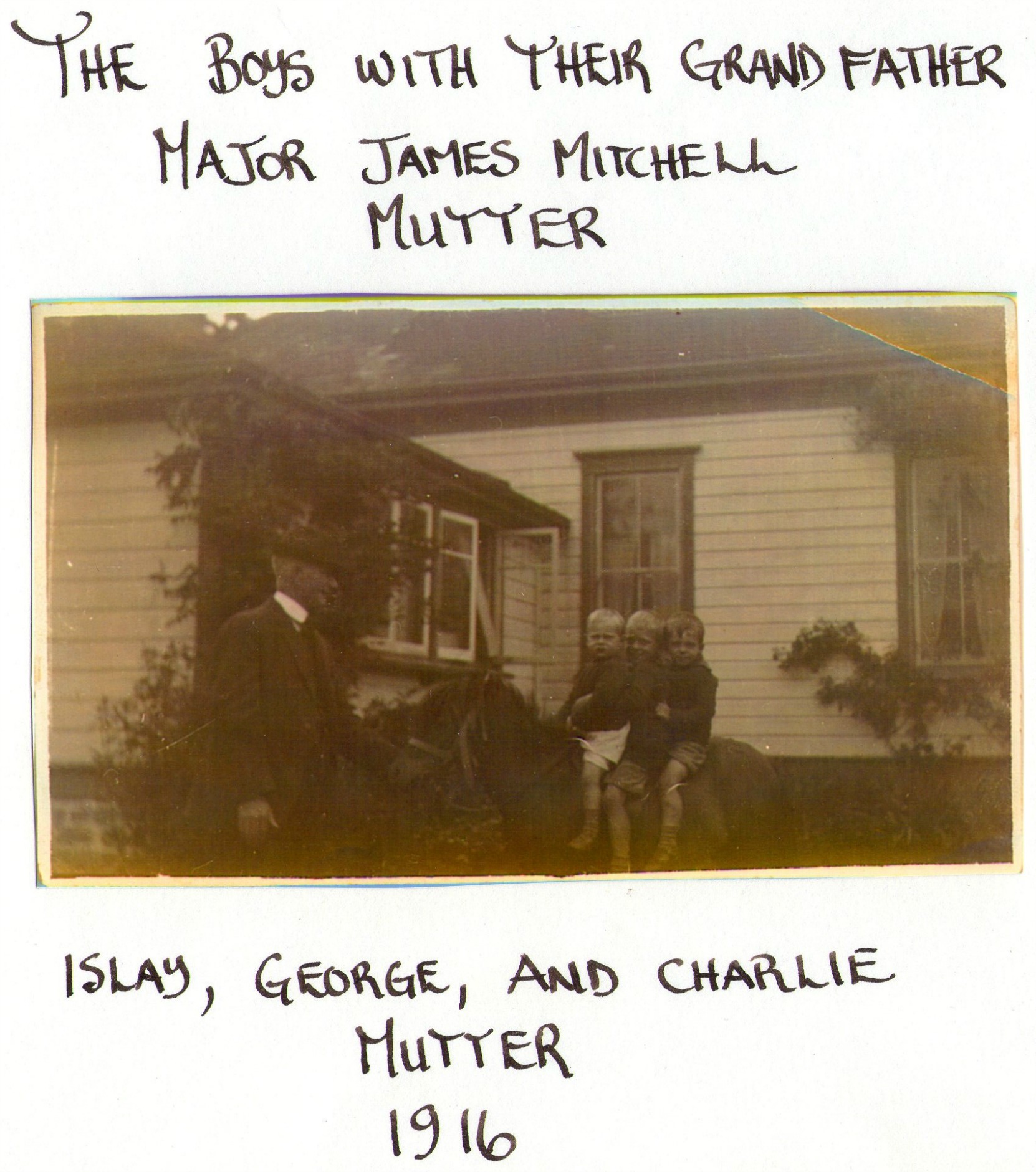 Major James Mitchell Mutter with his grandsons at his home in Somenos, 1916