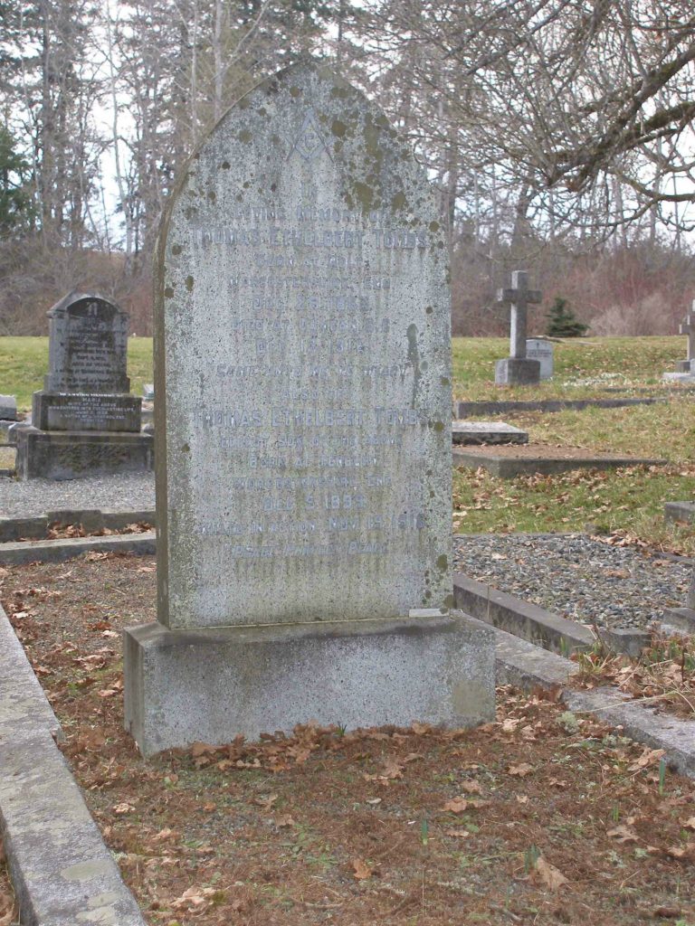 Thomas Ethelbert Tombs garve marker, St. Peter's Quamichan Anglican cemetery, North Cowichan, B.C.