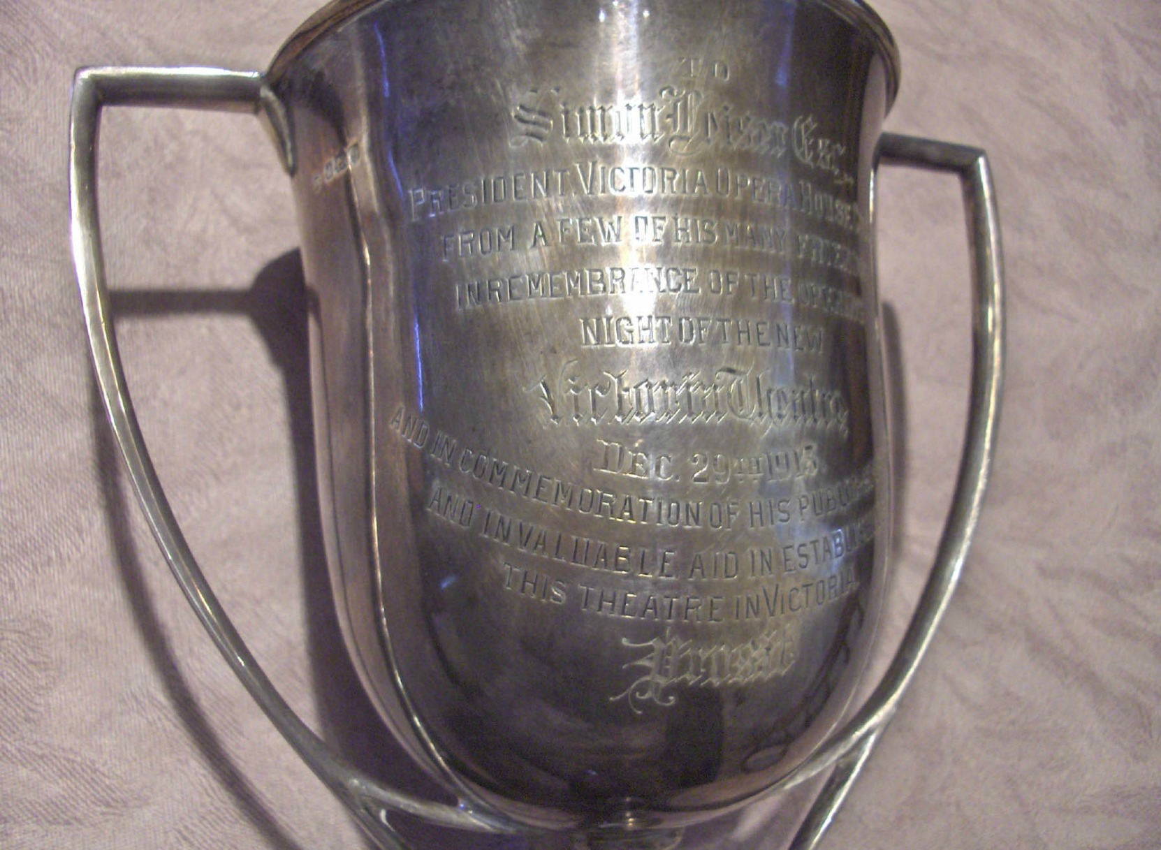 The Loving Cup presented to Simon Leiser in 1913 to commemorate his role in building what is now the Royal Theater in Victoria (photo courtesy of Ben Heilbronn, a Leiser descendant. Used with permission)