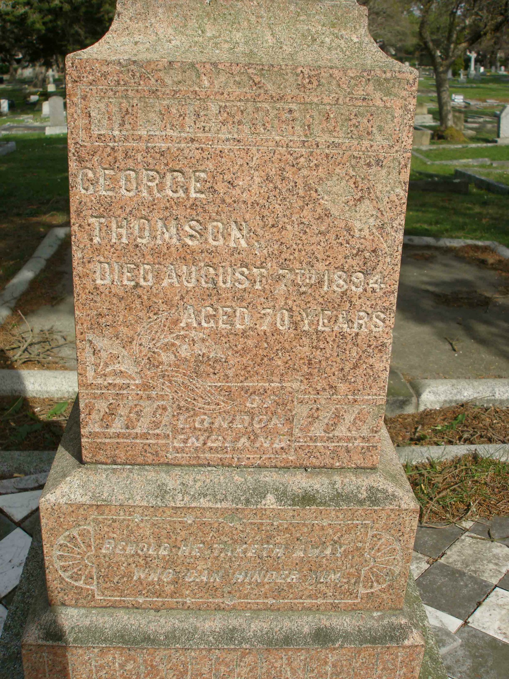 George Thomson grave inscription, Ross Bay Cemetery, Victoria, B.C. (photo by Temple Lodge No.33 Historian)