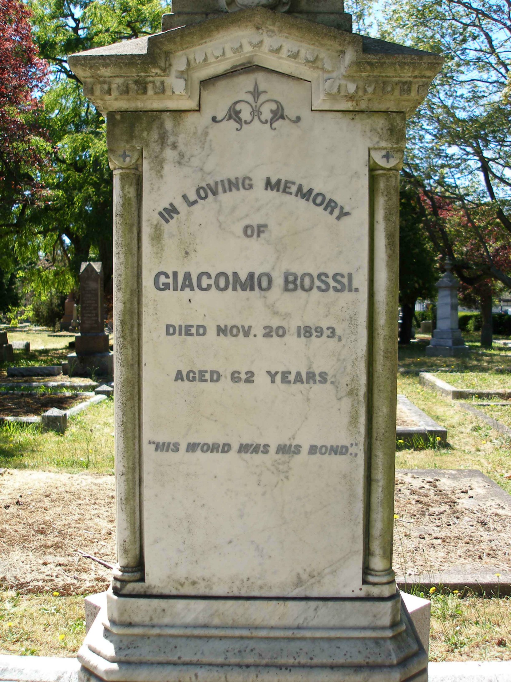 Inscription on the Giacomo Bossi grave, Ross Bay Cemetery, Victoria, B.C. (photo by Temple Lodge No. 33 Historian)