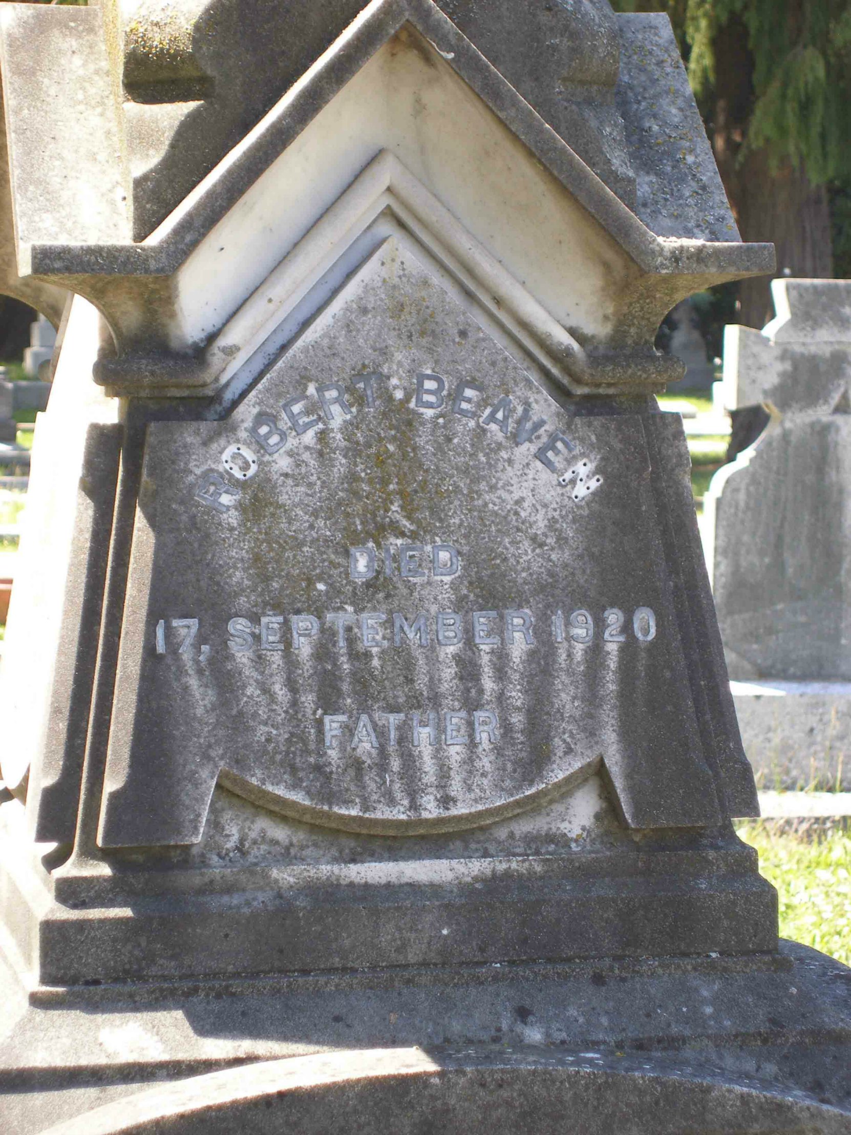 Robert Beaven grave inscription, Ross Bay Cemetery, Victoria, B.C. (photo by Temple Lodge No. 33 Historian)