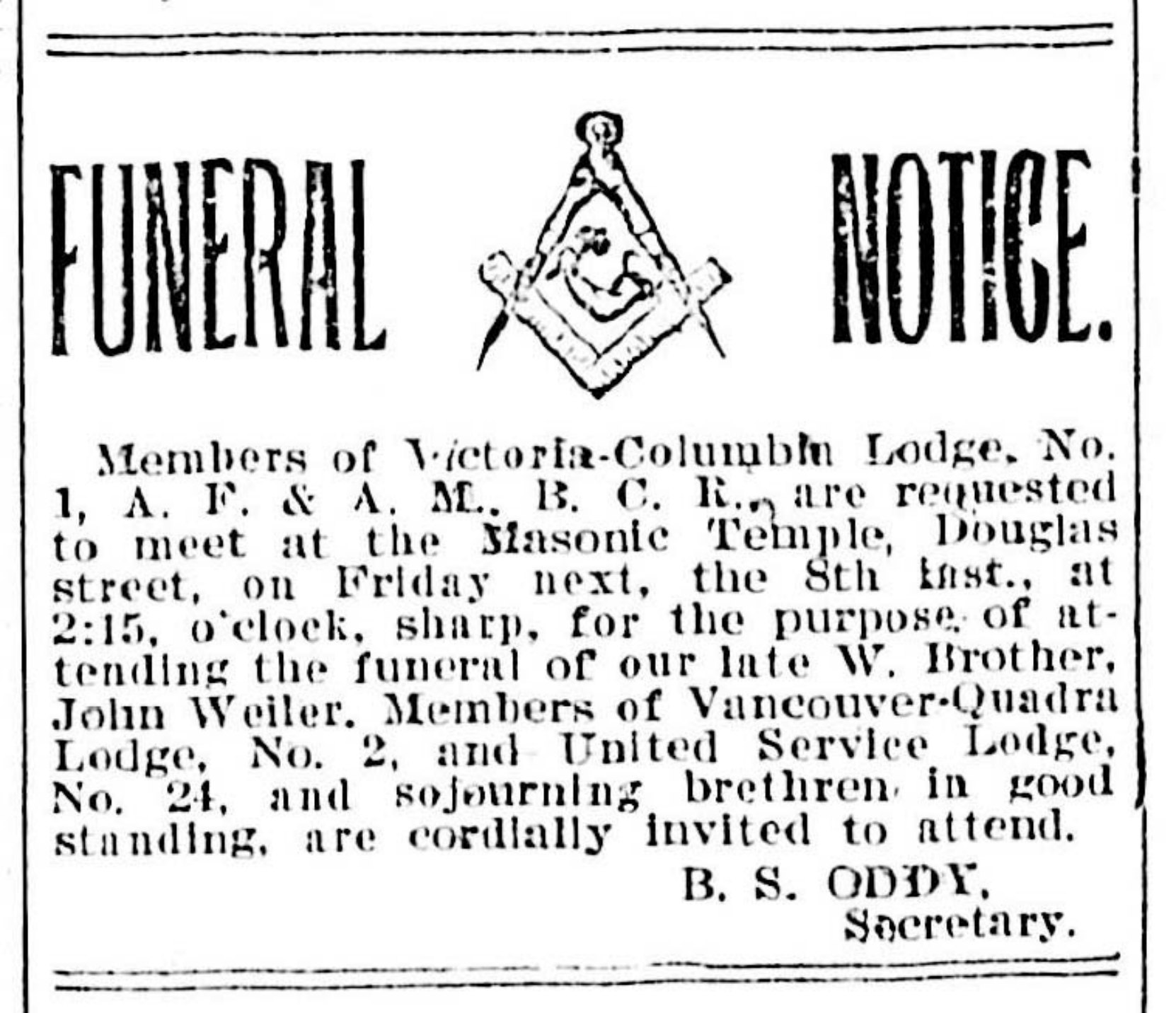 Funeral Notice for John Weiler in Victoria newspapers, September 1899