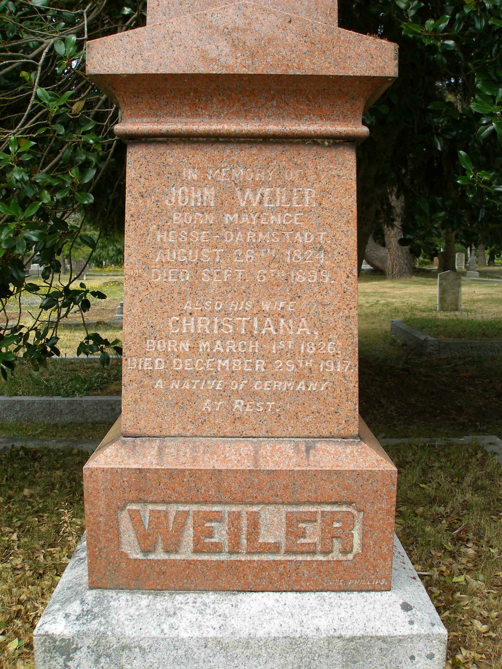 John Weiler grave inscription, Ross Bay Cemetery, Victoria, B.C, (photo by Temple Lodge No. 33 Historian)