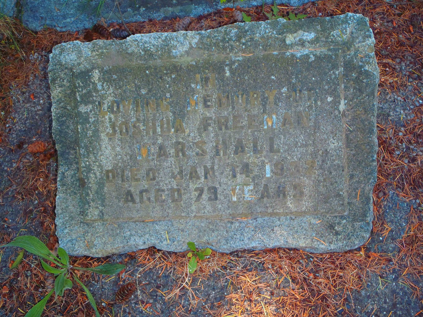 Joshua Freeman Marshall headstone, Chemainus Cemetery, Chemainus, B.C. (photo by Temple Lodge No. 33 Historian)