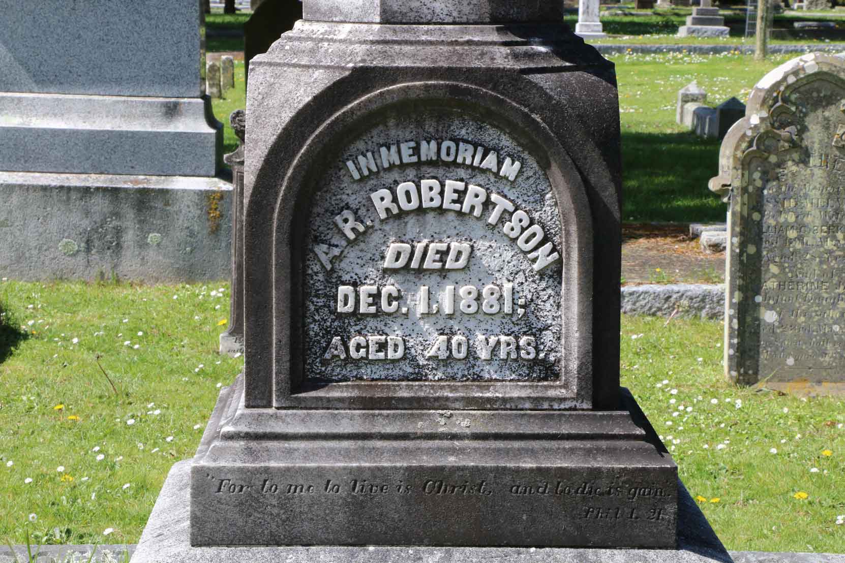 Inscription on Alexander Rocke Robertson grave, Ross Bay Cemetery, Victoria, B.C. (photo by Temple Lodge No. 33 Historian)