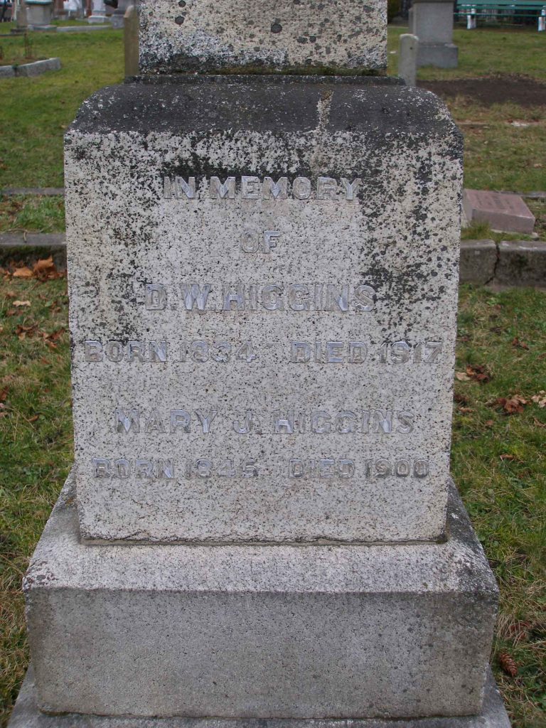 David William Higgins grave inscription, Ross Bay Cemetery, Victoria, B.C. (photo by Temple Lodge No. 33 Historian)