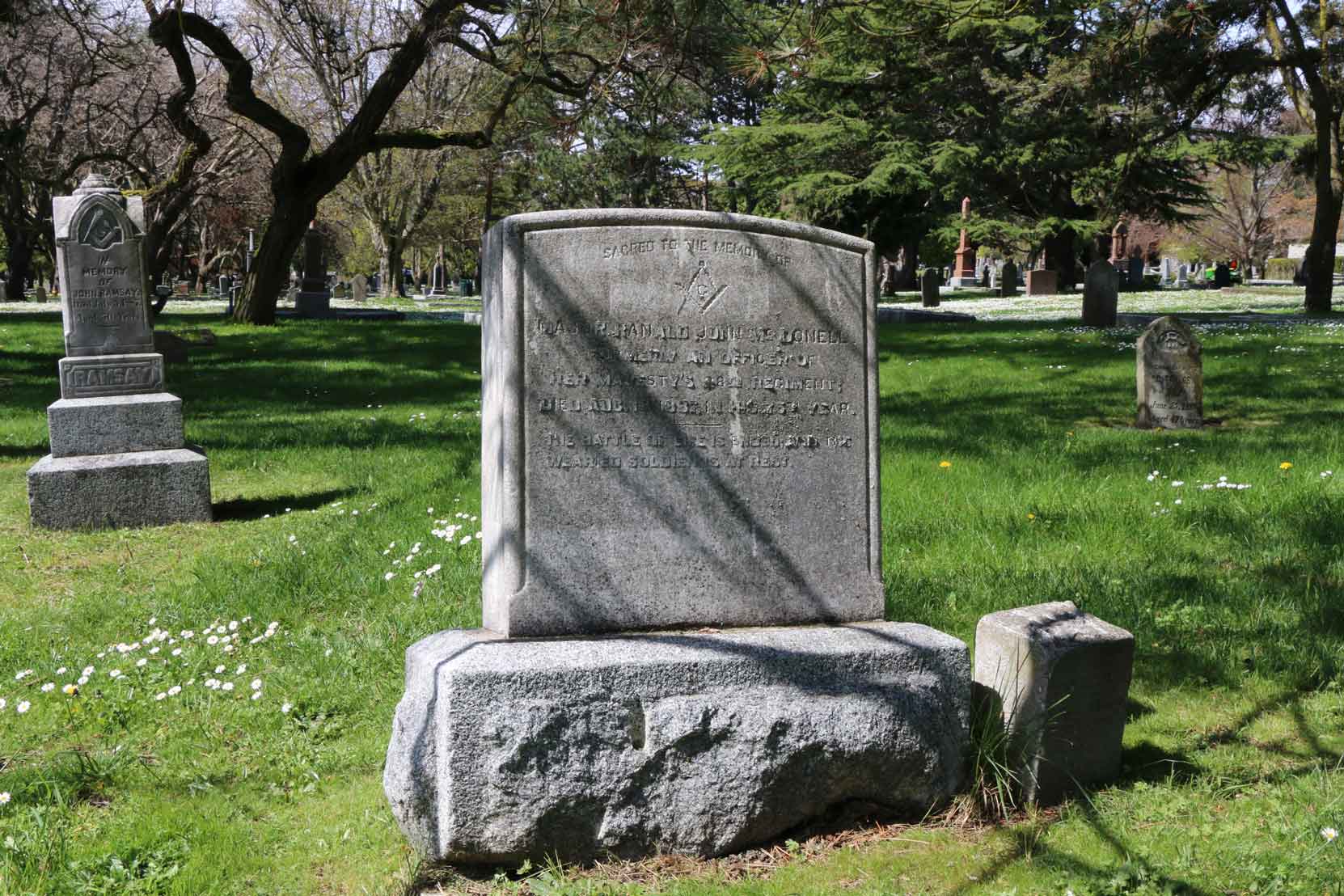 Major Ranald McDonell grave, Ross Bay Cemetery, Victoria, BC (photo by Temple Lodge No. 33 Historian)