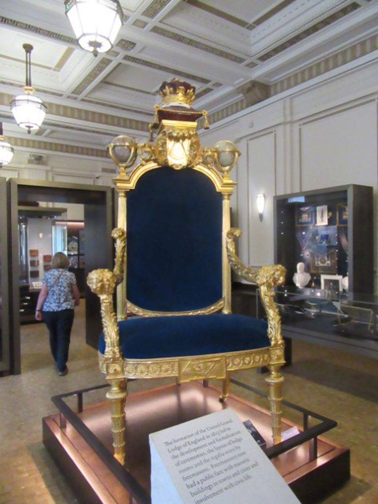 King George III Throne, United Grand Lodge of England Museum, Freemasons Hall, London, UK, July 2018 (photo by Paul Philcox)