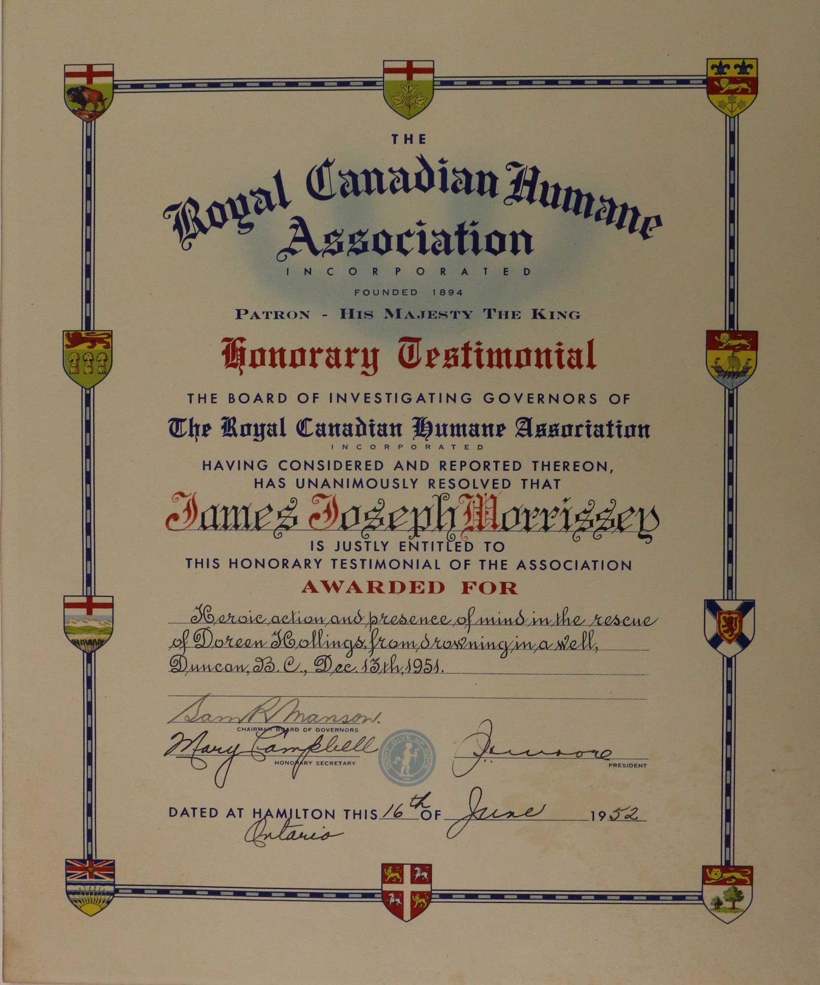 Certificate awarded to James Joseph Morrissey for "Heroic action and presence of mind" in the attempted rescue of a 5 year old girl who fell down a well in 1951 (courtesy of Cowichan Valley Museum & Archives)