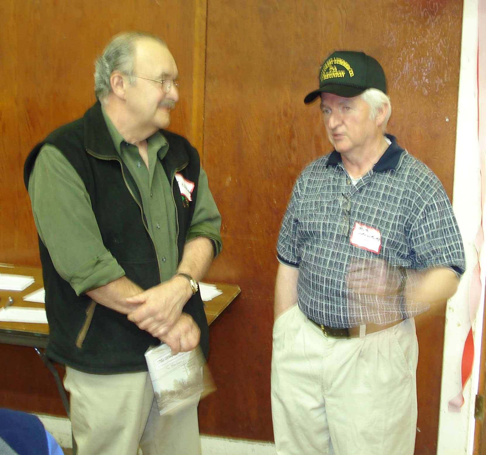 Bob Crawford (right) with Al Lundgren, IWA Safety Director, who worked with Bob as a faller at Hillcrest Lumber Company. Taken at Hillcrest Lumber Company Employees Reunion, 2007. (photo: Cecil Ashley)