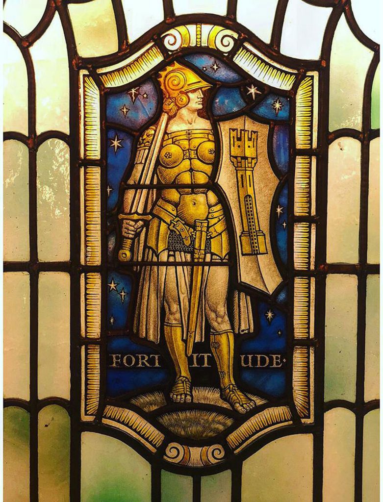 Stained glass in Freemasons Hall, London depicting Fortitude, one of the Four Cardinal Virtues: Prudence. Temperance. Fortitude and Justice (photo courtesy of United Grand Lodge of England)