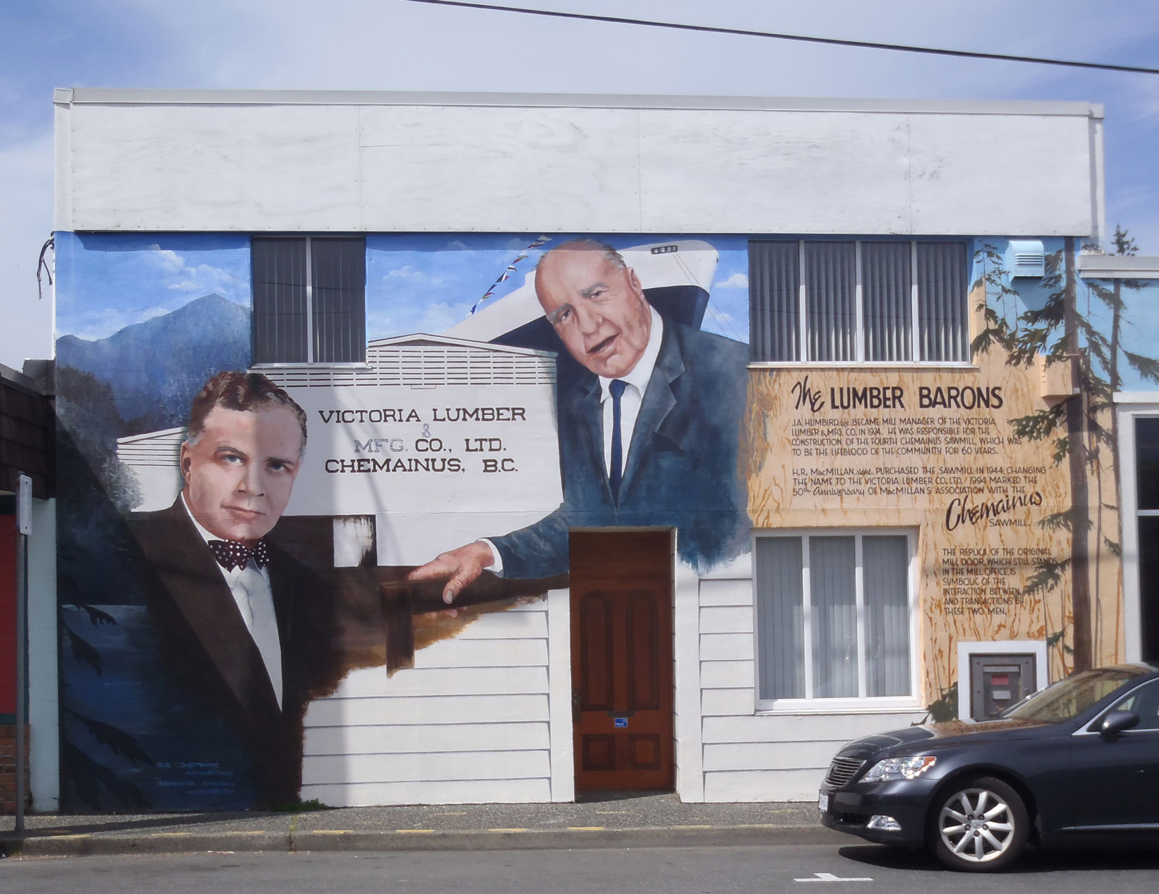 The Lumber Barons (John A. Humbird & Bloedel) mural in downtown Chemainus, B.C. (photo by Temple Lodge No. 33 Historian)