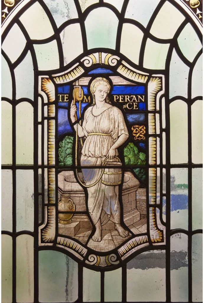 Stained glass in Freemasons Hall, London depicting Temperance, one of the Four Cardinal Virtues: Prudence. Temperance. Fortitude and Justice (photo courtesy of United Grand Lodge of England)