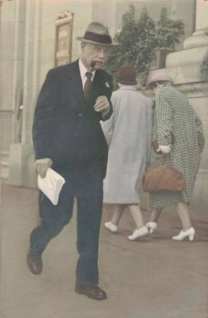 William Mordaunt Dwyer in front of the Bank of Montreal, 1225 Douglas Street (south of Yates Street) in downtown Victoria, circa 1940, (photo courtesy of Frances McDonnell - private collection)