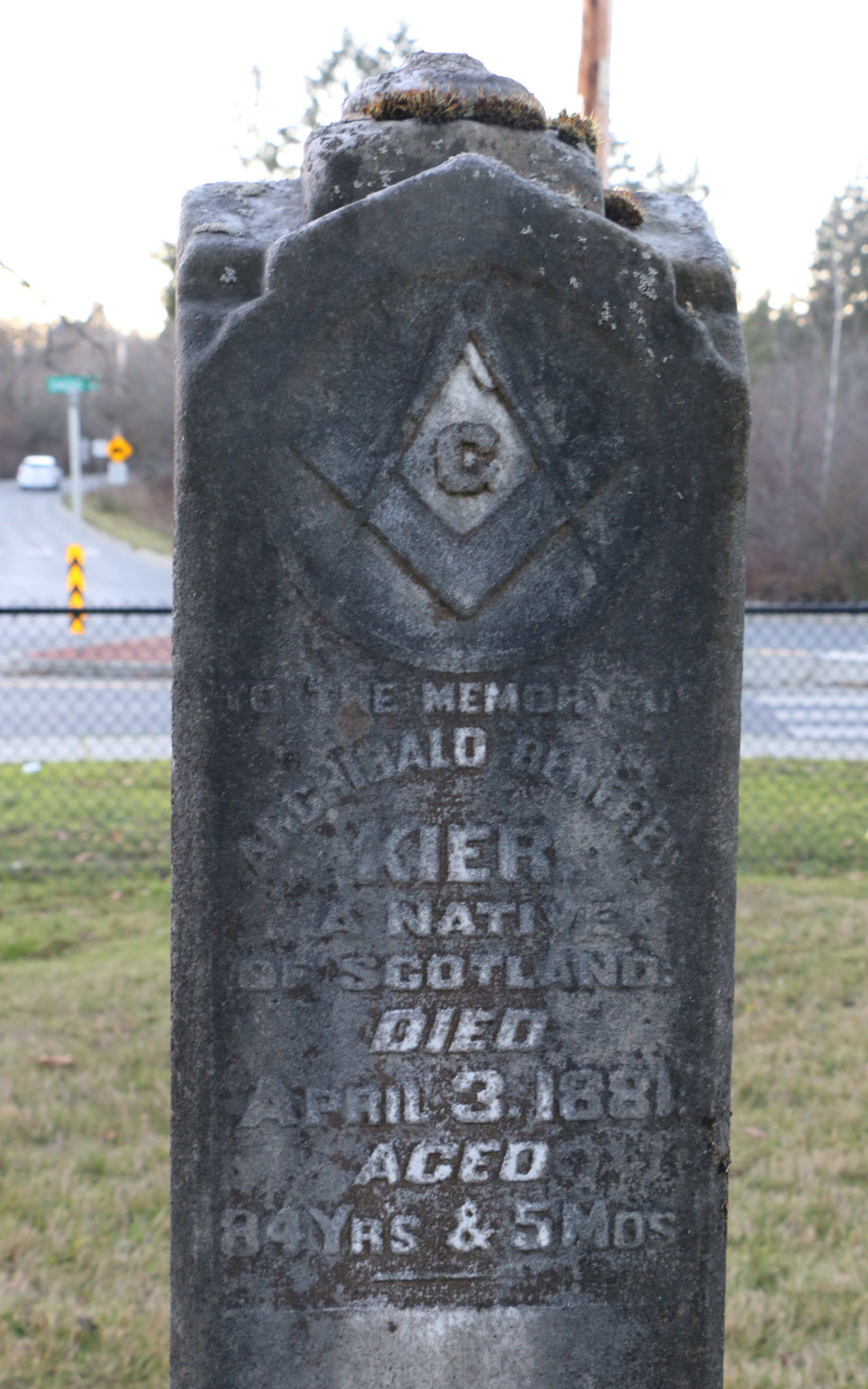 Archibald Renfrew Kier (died 3 April 1881, aged 84), grave inscription, Mountain View Cemetery, North Cowichan, BC (photo: Temple Lodge No. 33 Historian)