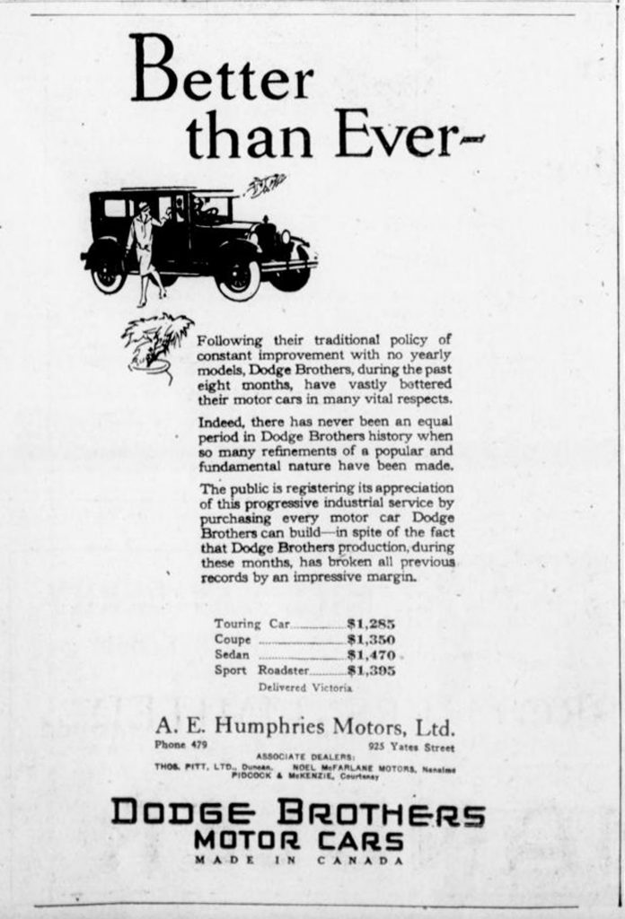 1926 advertisement for Dodge Brothers Motor Cars, showing the Vancouver Island Dodge dealers, including Thomas Pitt, Duncan (photo by Temple Lodge No. 33 Historian)